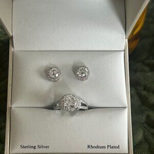 DIAMONIQUE Rhodium Plated Sterling Silver Halo Solitaire RING 7 and EARRINGS Set